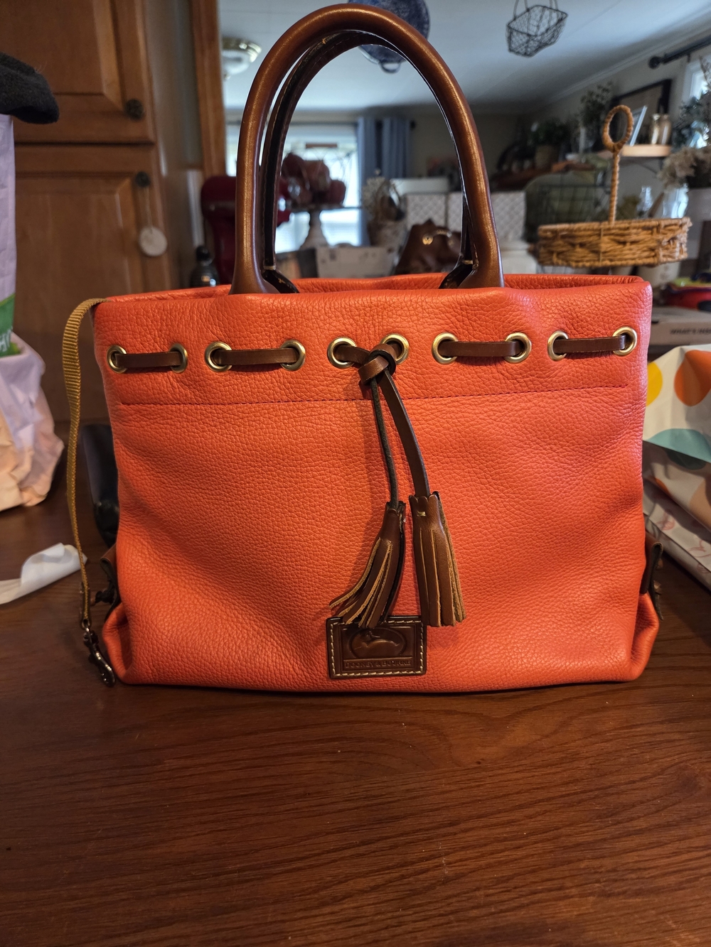 Dooney & Bourke Orange Pebbled Leather Tote with Tassel